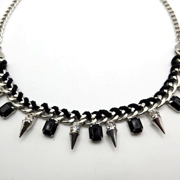 Silvertone Chain with Spikes Clear and Black Rhinestones Leather Accent Necklace - Picture 3 of 6